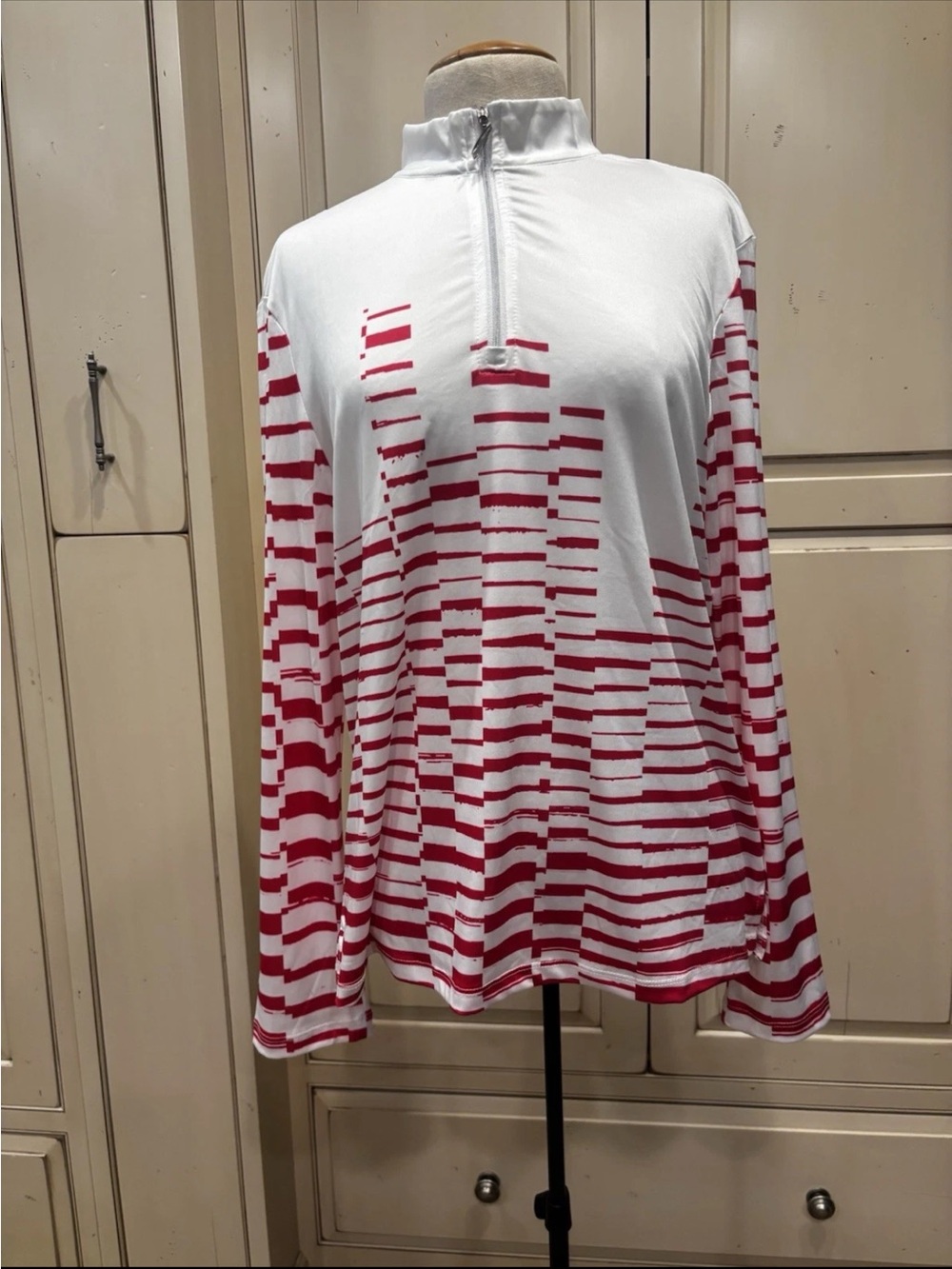 Women's White and Red Quarter-Zip Long Sleeve Stripe Top